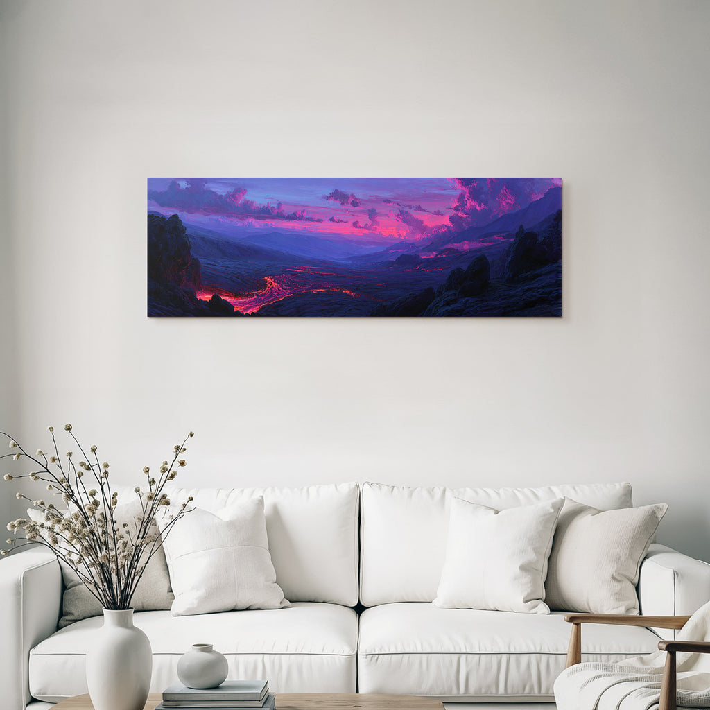 Vulkanlandschaft Mit Fliessender Lava Unter Einem Farbigen Abendhimmel
