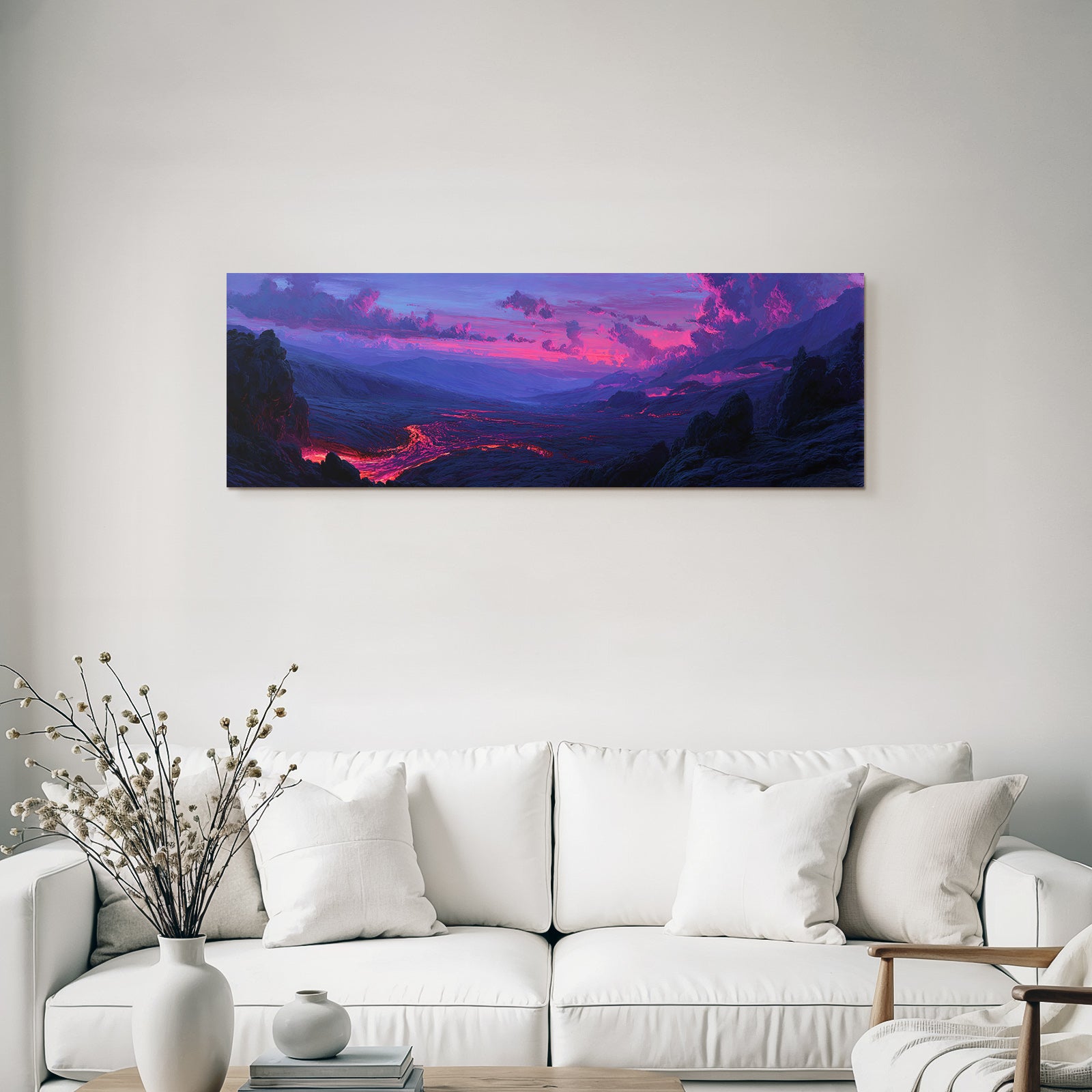 Vulkanlandschaft Mit Fliessender Lava Unter Einem Farbigen Abendhimmel