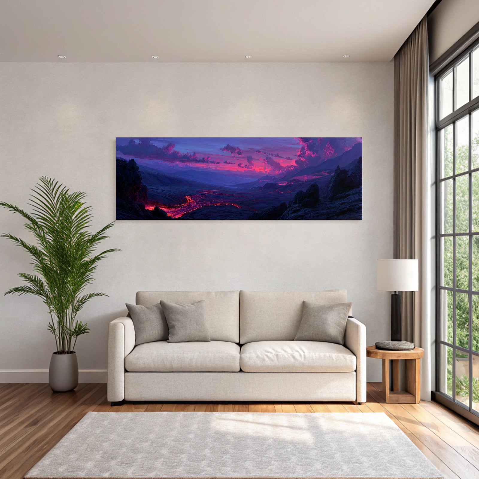 Vulkanlandschaft Mit Fliessender Lava Unter Einem Farbigen Abendhimmel