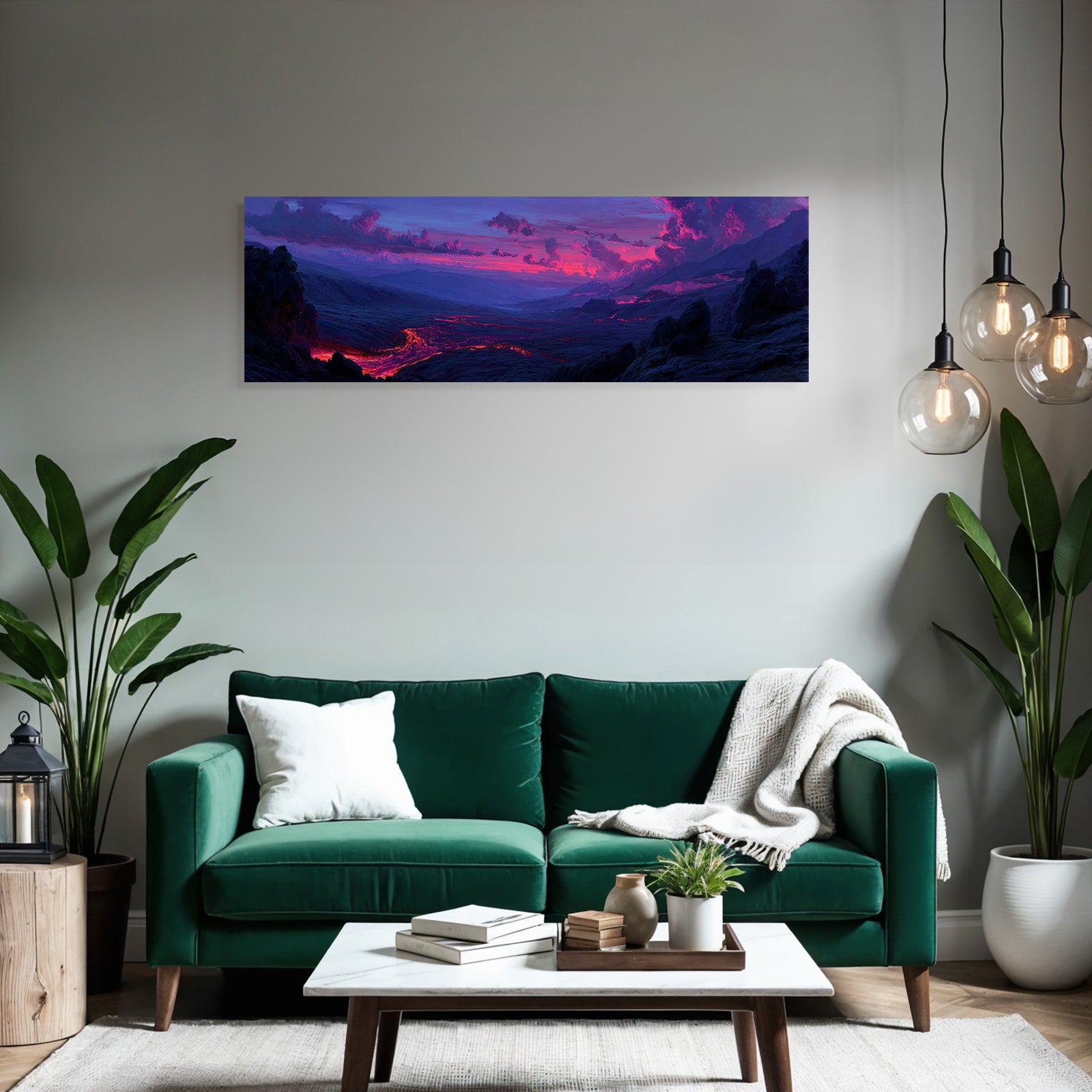 Vulkanlandschaft Mit Fliessender Lava Unter Einem Farbigen Abendhimmel