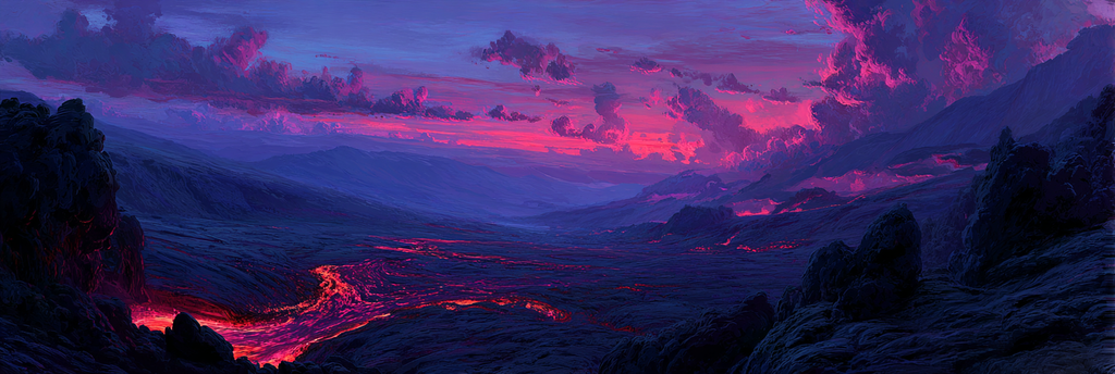 Vulkanlandschaft Mit Fliessender Lava Unter Einem Farbigen Abendhimmel | Feuer und Vulkane | Natur