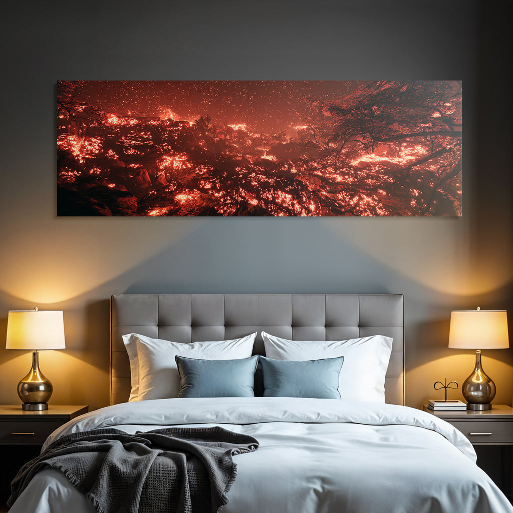 Vulkanlandschaft Mit Glühender Lava Und Silhoütten