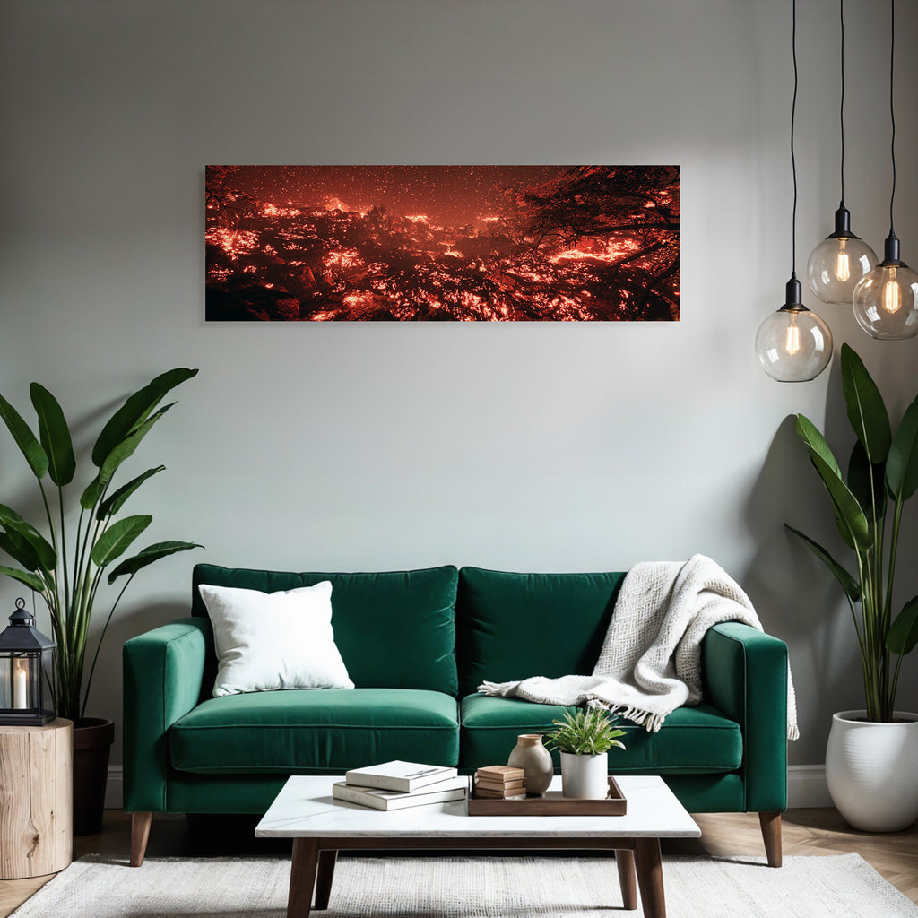 Vulkanlandschaft Mit Glühender Lava Und Silhoütten