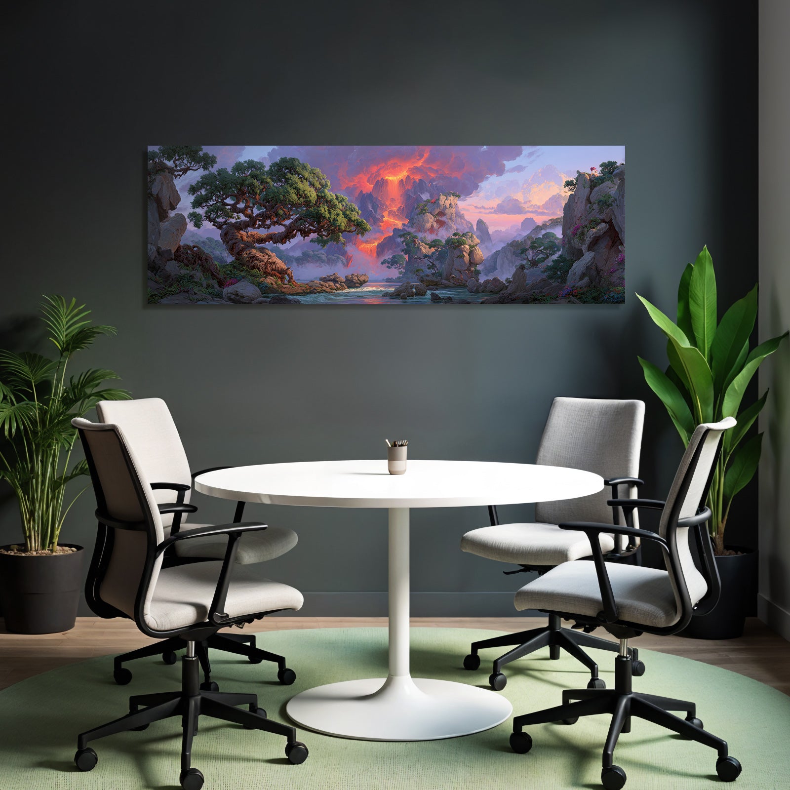 Vulkanlandschaft Mit Lavastrom Bunten Bäumen Bei Sonnenuntergang