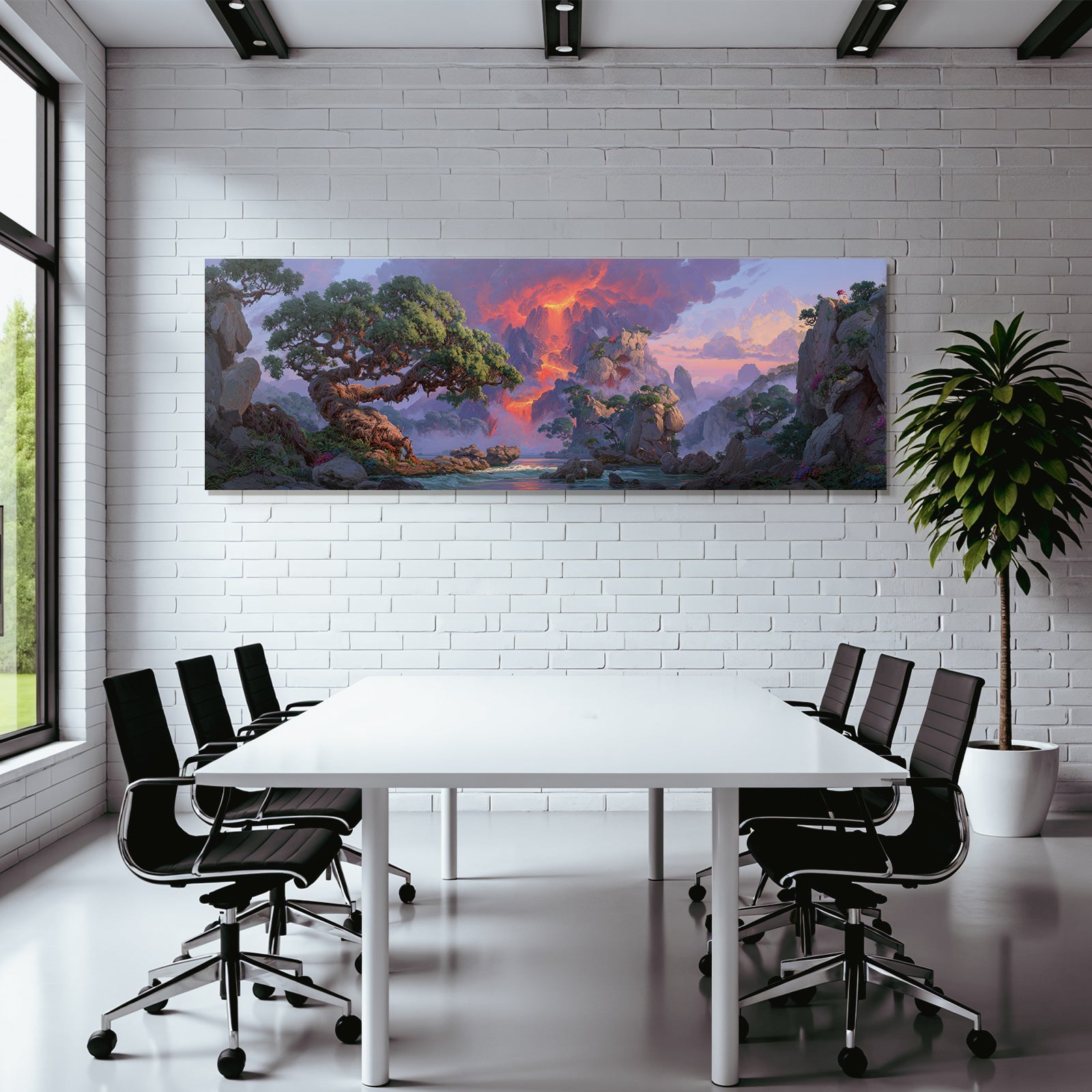 Vulkanlandschaft Mit Lavastrom Bunten Bäumen Bei Sonnenuntergang