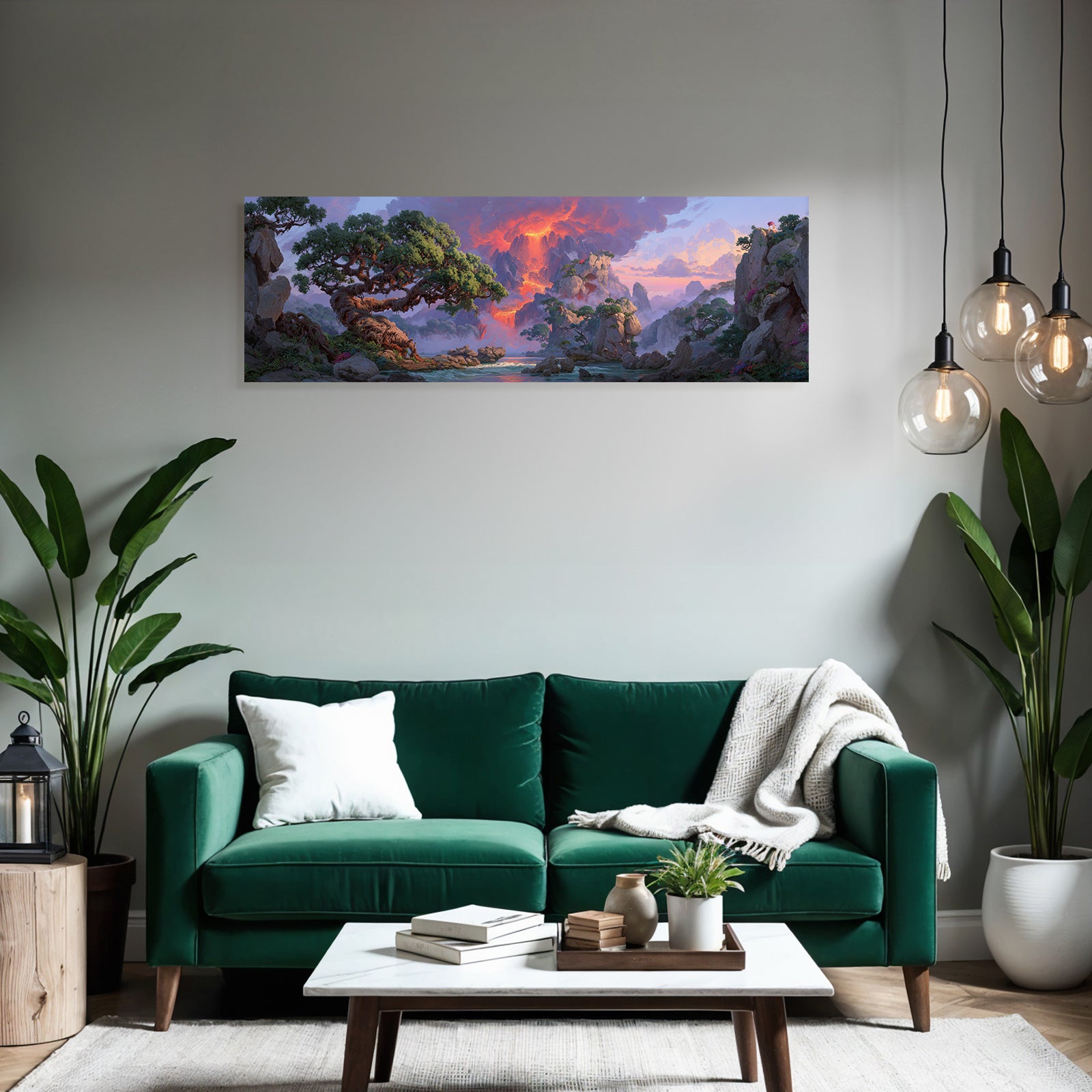 Vulkanlandschaft Mit Lavastrom Bunten Bäumen Bei Sonnenuntergang