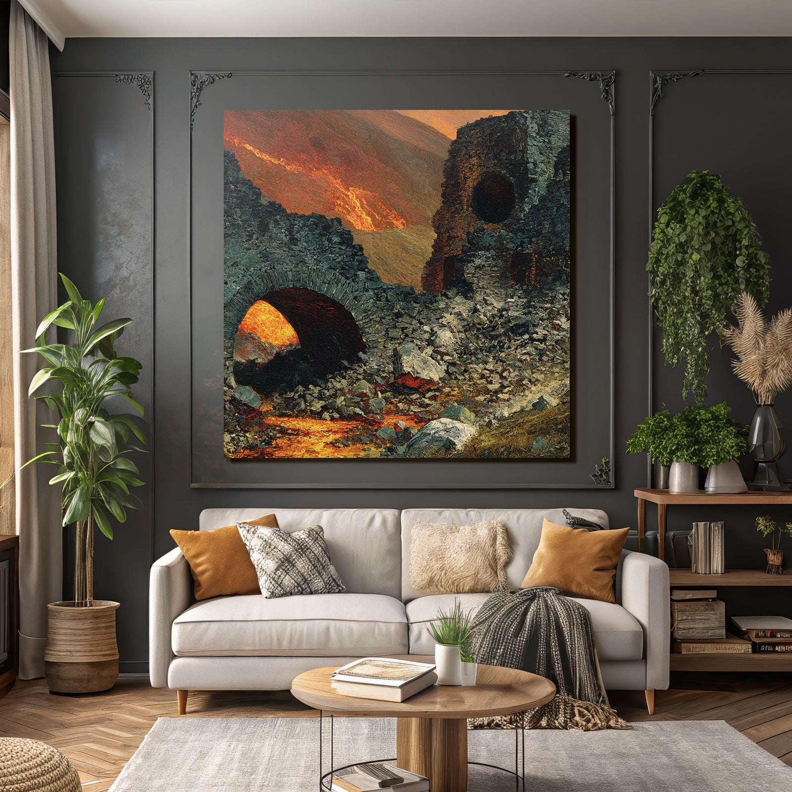Dramatische Ruinenlandschaft Vor Feuriger Kulisse