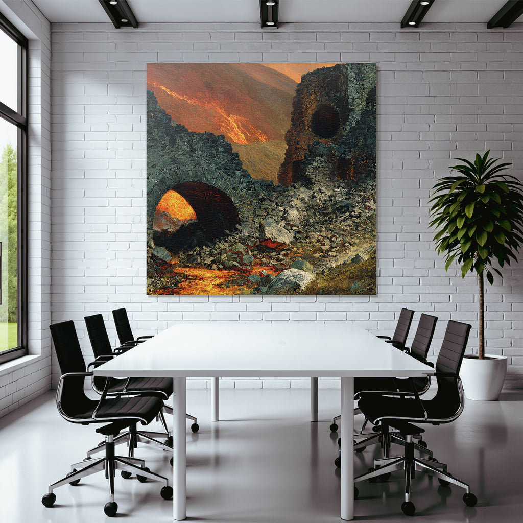Dramatische Ruinenlandschaft Vor Feuriger Kulisse
