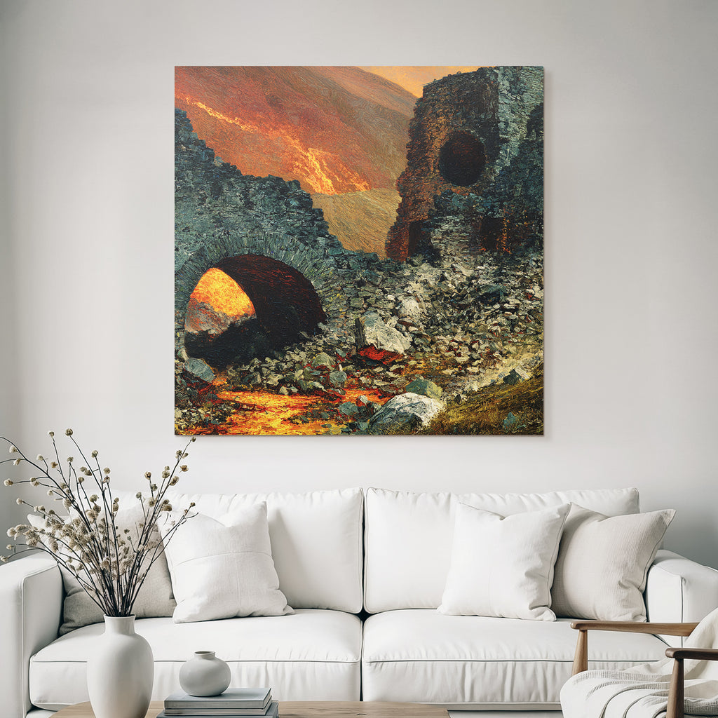 Dramatische Ruinenlandschaft Vor Feuriger Kulisse