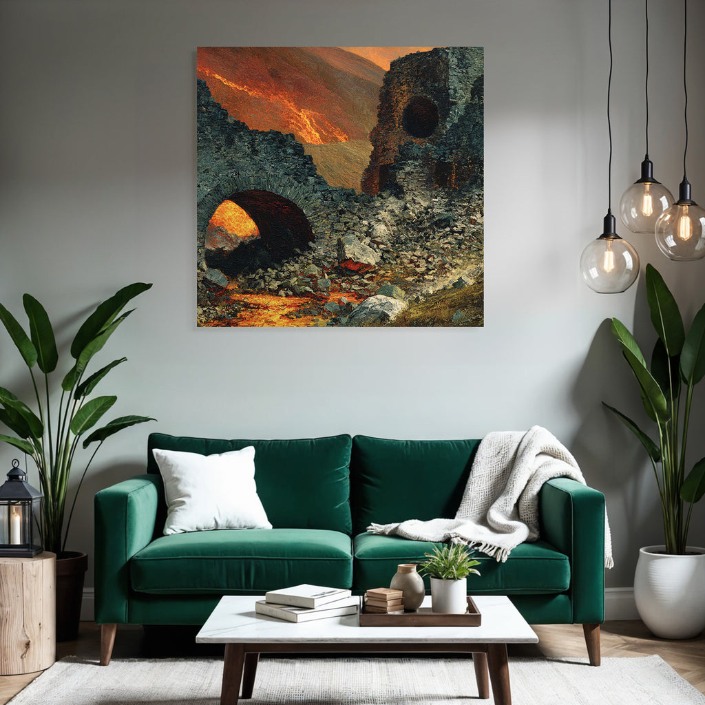 Dramatische Ruinenlandschaft Vor Feuriger Kulisse