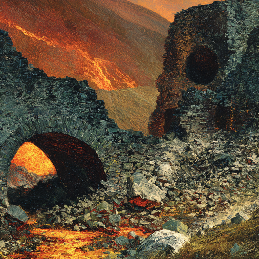 Dramatische Ruinenlandschaft Vor Feuriger Kulisse | Feuer und Vulkane | Natur