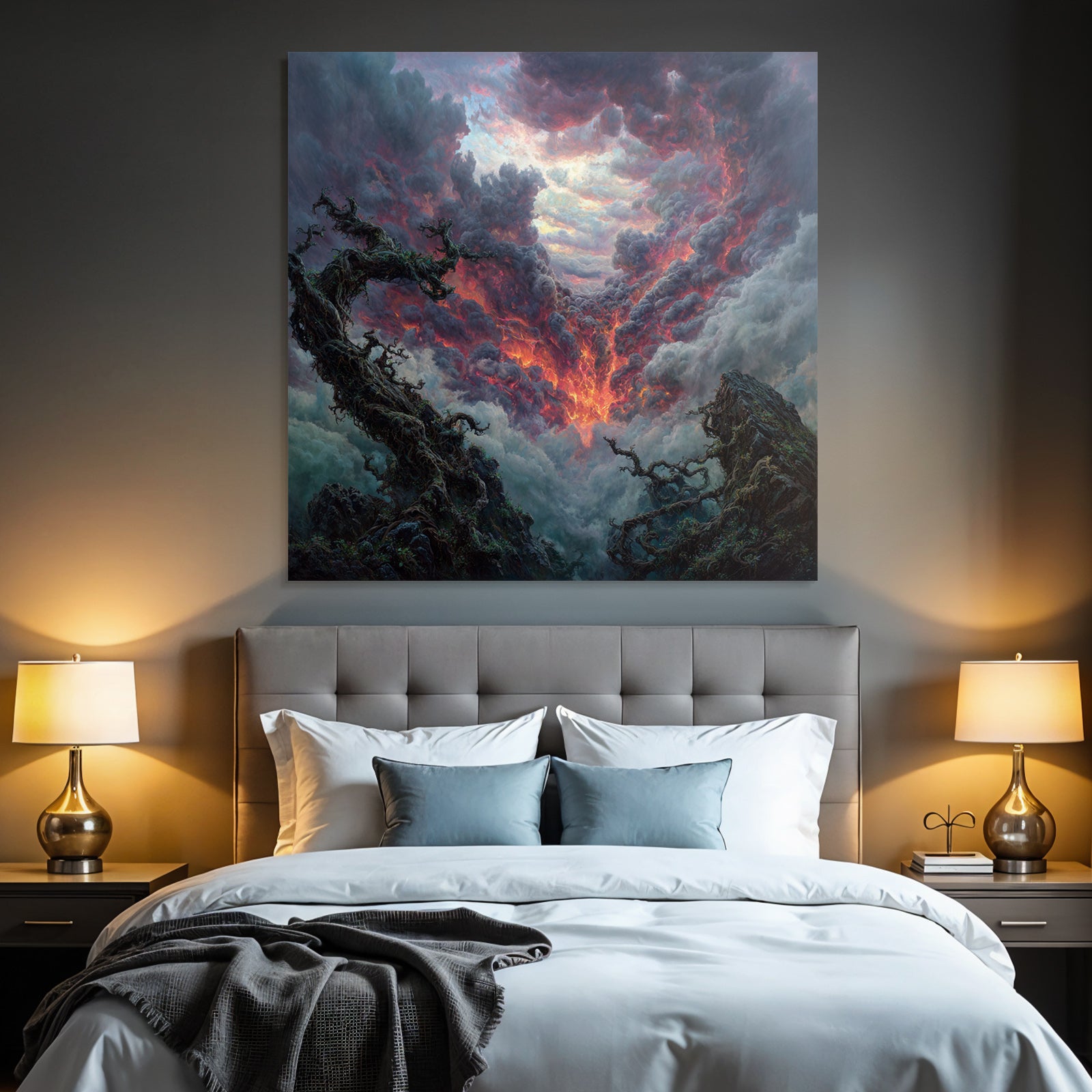 Dramatische Landschaft Mit Turbulentem Himmel Und Knorrigen Bäumen