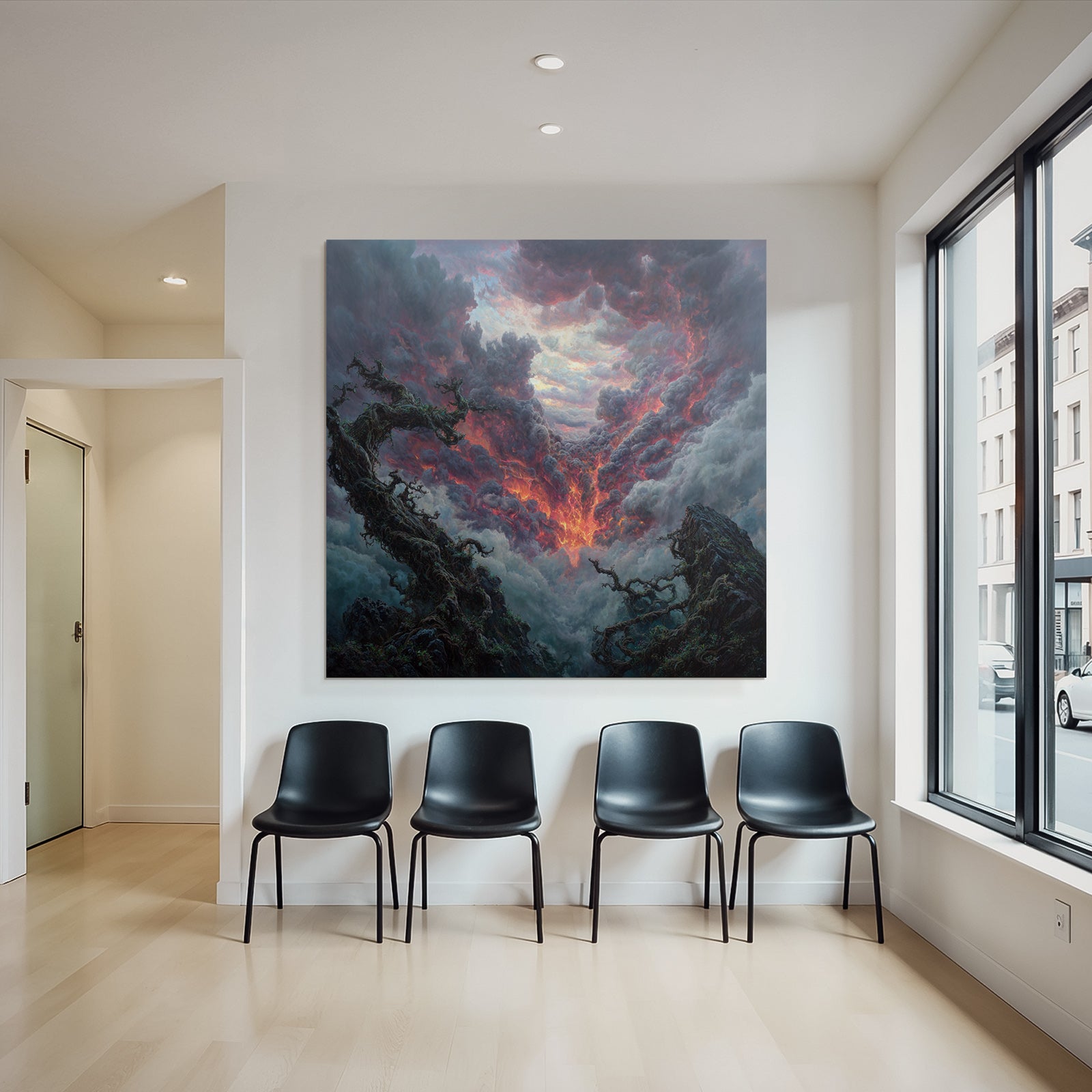 Dramatische Landschaft Mit Turbulentem Himmel Und Knorrigen Bäumen