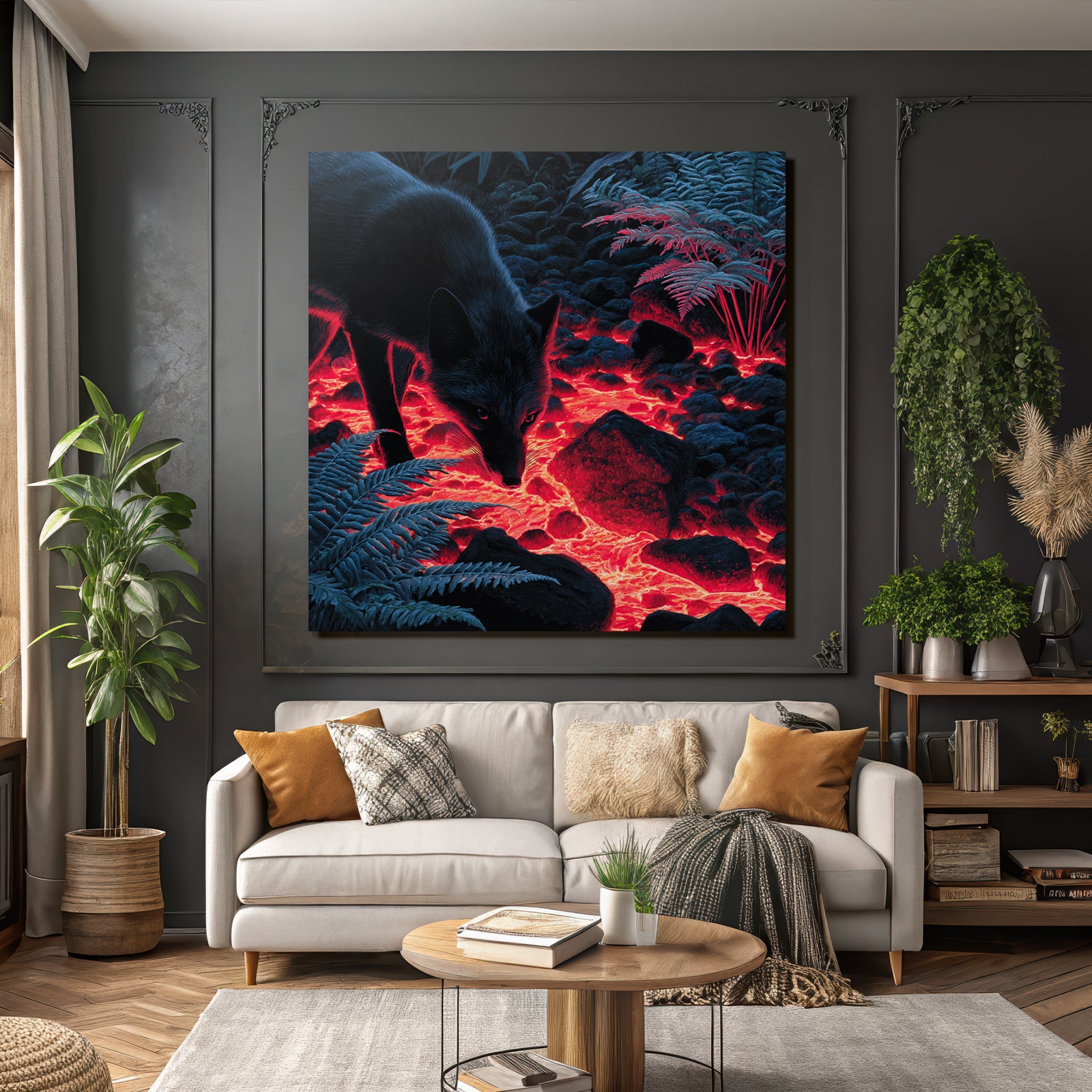 Dunkler Fuchs Erforscht Landschaft Mit Glühender Lava Und Farnkräutern