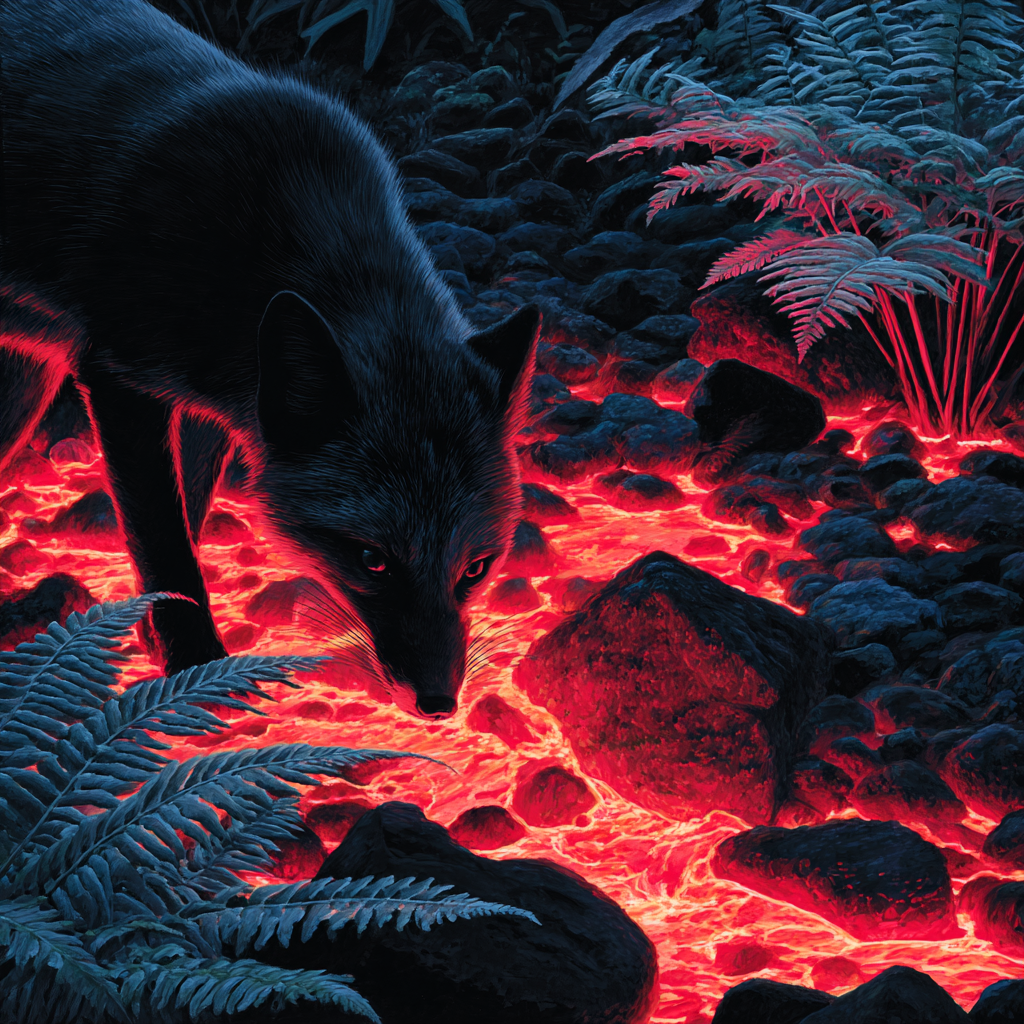 Dunkler Fuchs Erforscht Landschaft Mit Glühender Lava Und Farnkräutern | Feuer und Vulkane | Natur