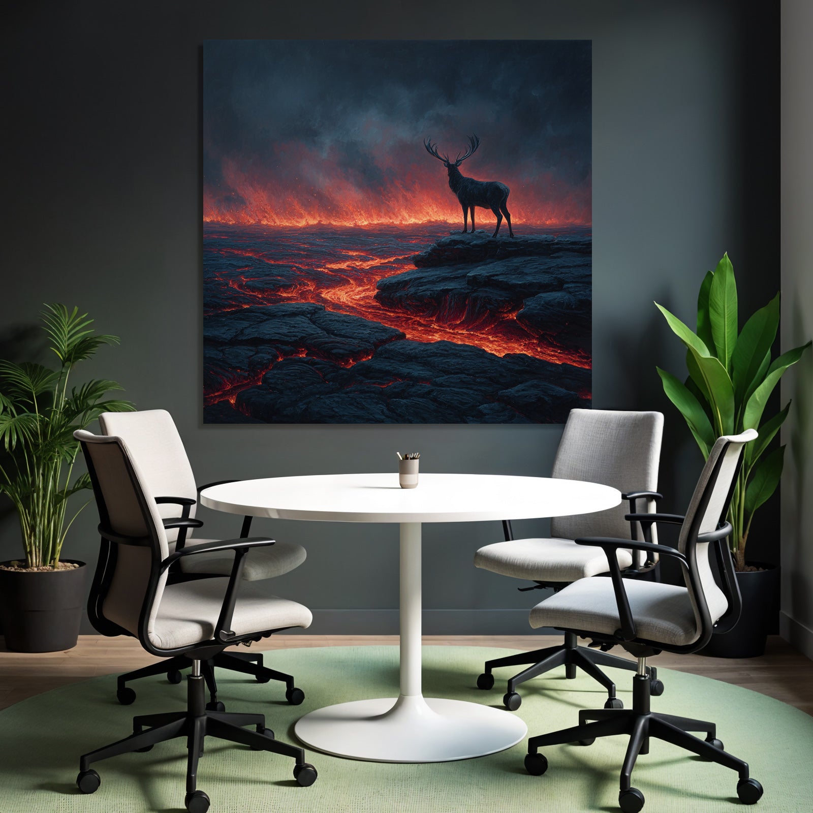 Einsamer Hirsch In Einer Surrealen Vulkanlandschaft Mit Lava Und Dunklem Himmel