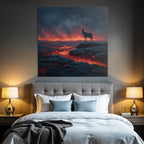 Einsamer Hirsch In Einer Surrealen Vulkanlandschaft Mit Lava Und Dunklem Himmel