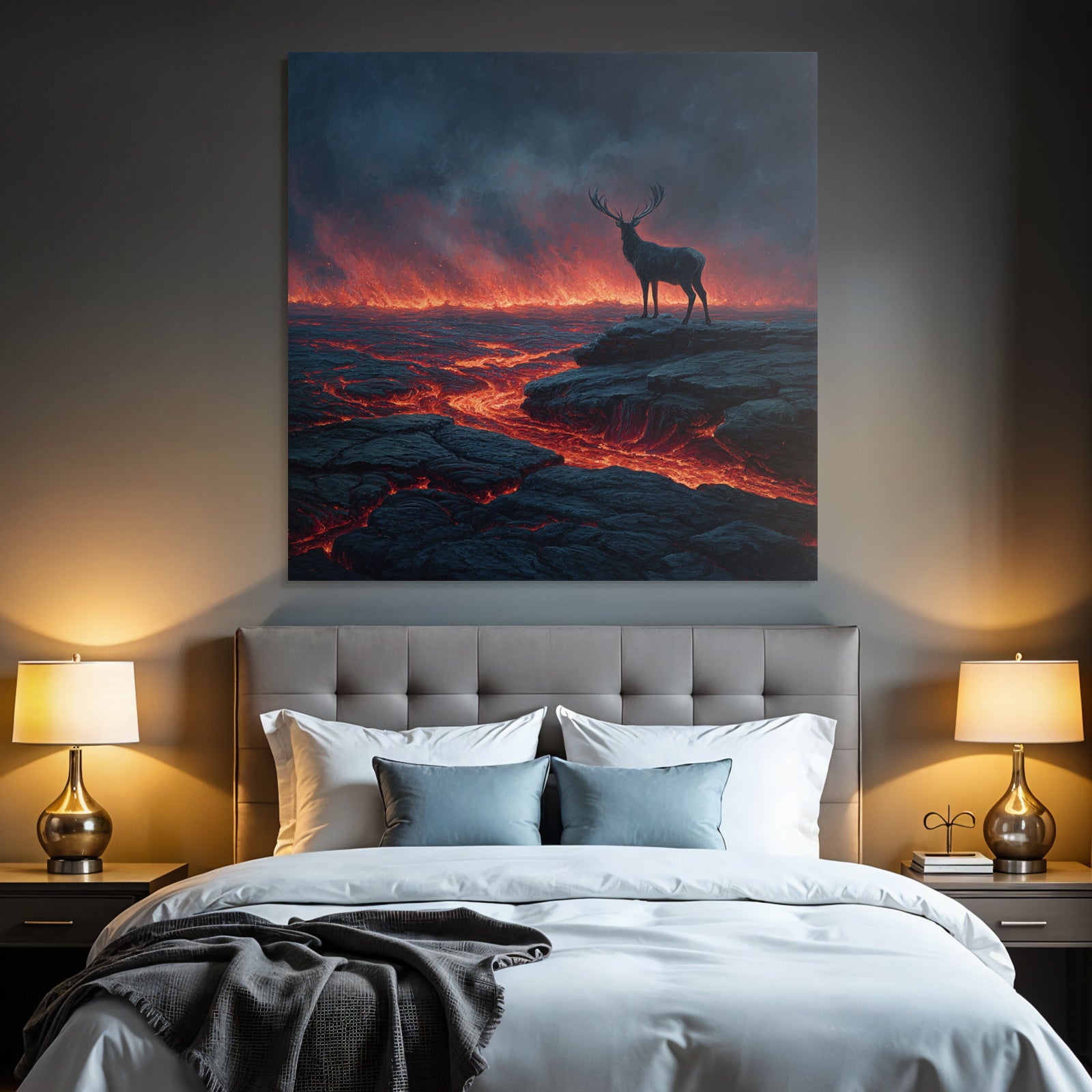 Einsamer Hirsch In Einer Surrealen Vulkanlandschaft Mit Lava Und Dunklem Himmel