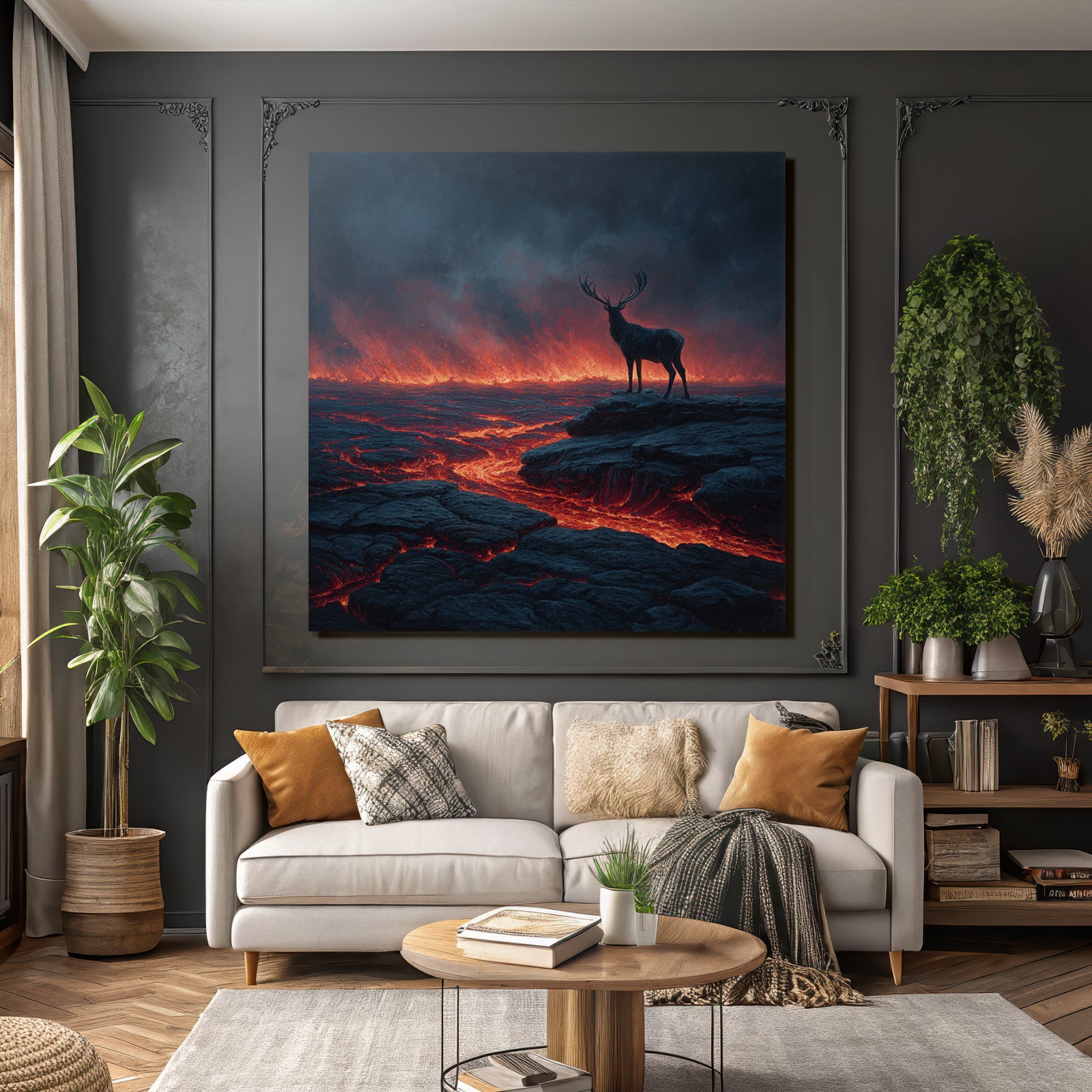 Einsamer Hirsch In Einer Surrealen Vulkanlandschaft Mit Lava Und Dunklem Himmel