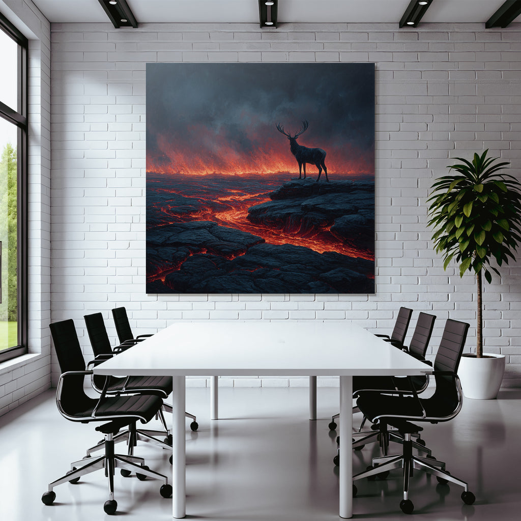 Einsamer Hirsch In Einer Surrealen Vulkanlandschaft Mit Lava Und Dunklem Himmel