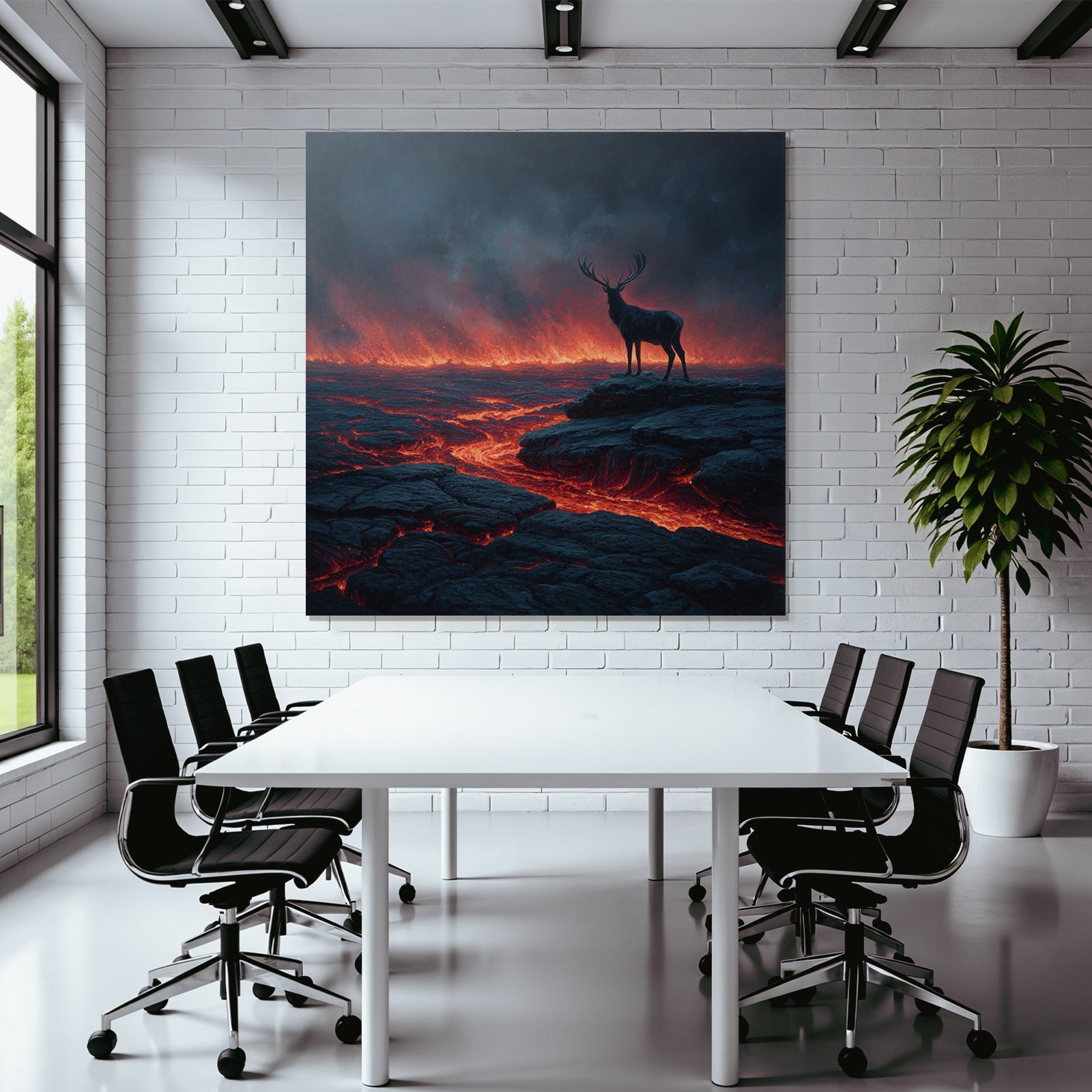 Einsamer Hirsch In Einer Surrealen Vulkanlandschaft Mit Lava Und Dunklem Himmel