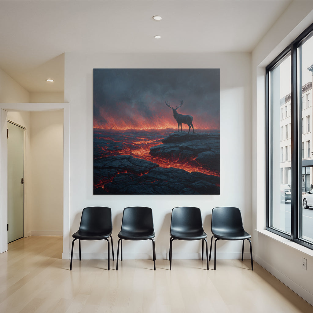 Einsamer Hirsch In Einer Surrealen Vulkanlandschaft Mit Lava Und Dunklem Himmel