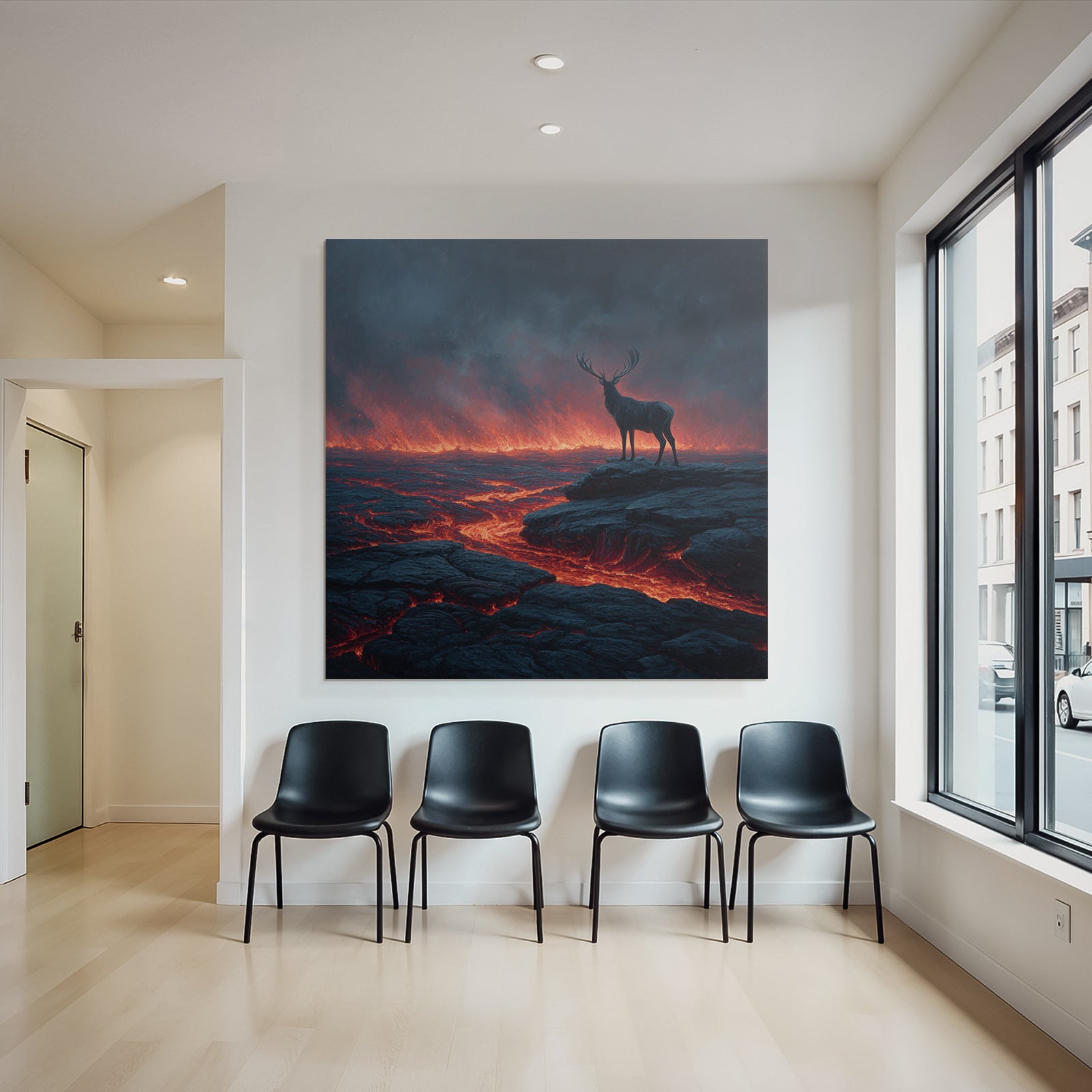 Einsamer Hirsch In Einer Surrealen Vulkanlandschaft Mit Lava Und Dunklem Himmel