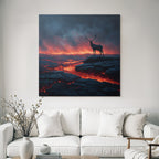 Einsamer Hirsch In Einer Surrealen Vulkanlandschaft Mit Lava Und Dunklem Himmel