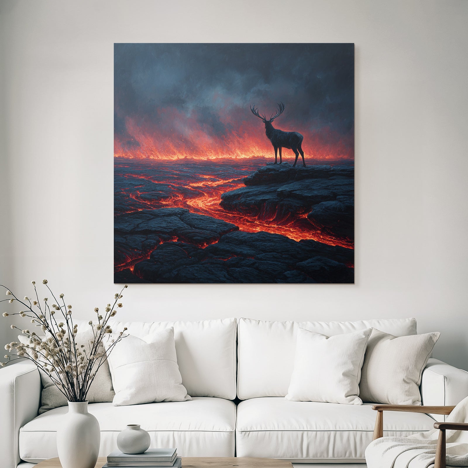 Einsamer Hirsch In Einer Surrealen Vulkanlandschaft Mit Lava Und Dunklem Himmel