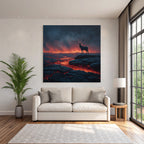 Einsamer Hirsch In Einer Surrealen Vulkanlandschaft Mit Lava Und Dunklem Himmel