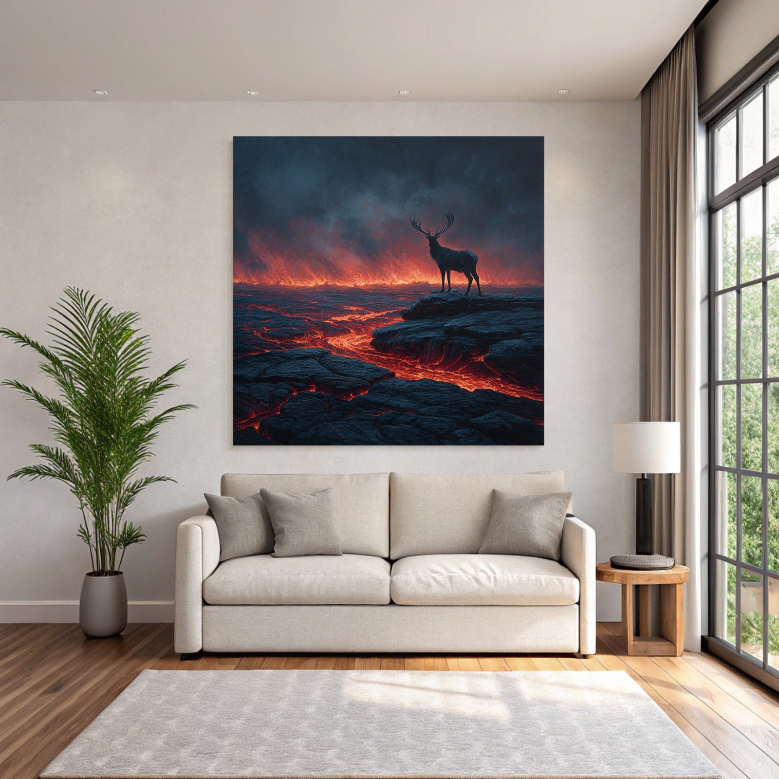Einsamer Hirsch In Einer Surrealen Vulkanlandschaft Mit Lava Und Dunklem Himmel
