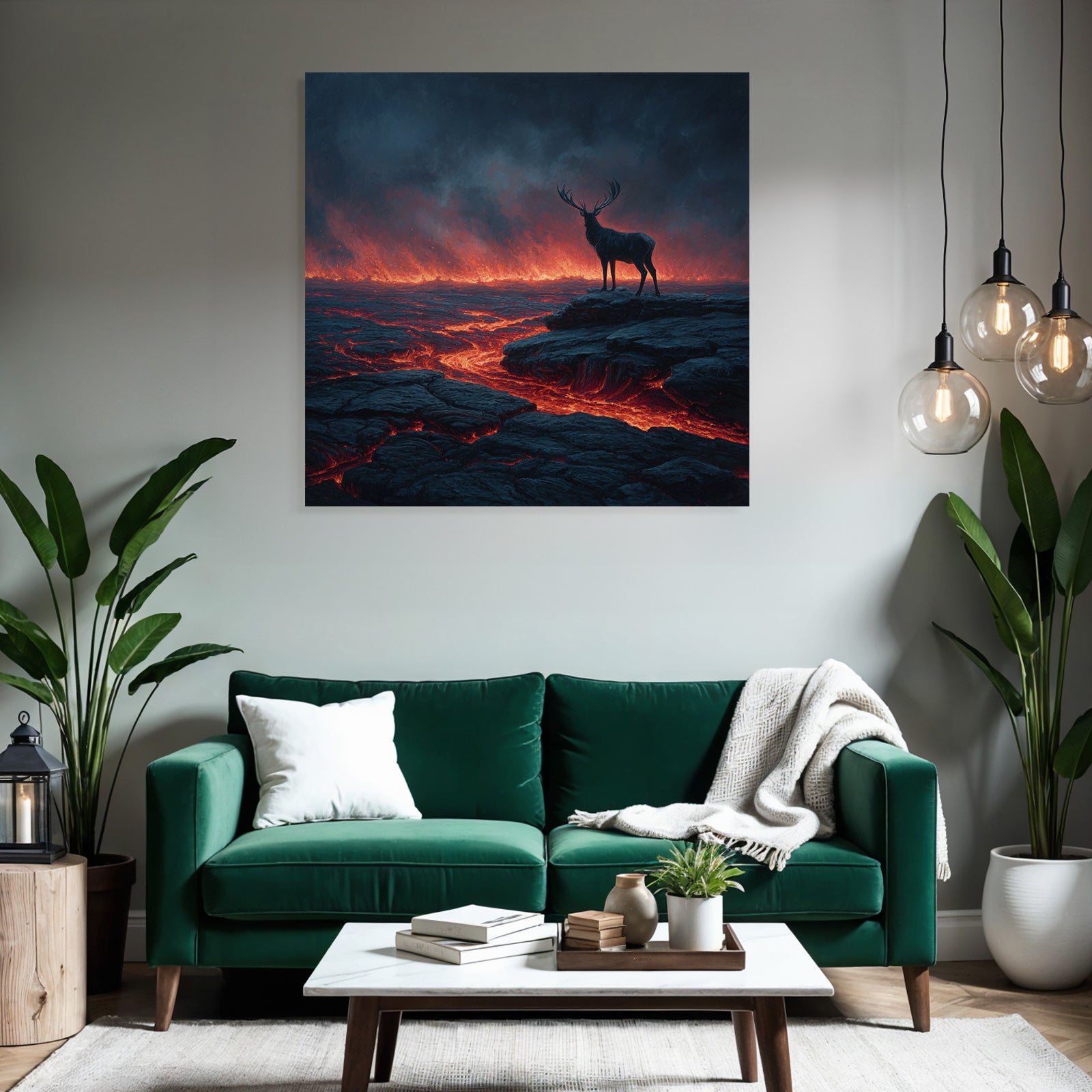 Einsamer Hirsch In Einer Surrealen Vulkanlandschaft Mit Lava Und Dunklem Himmel