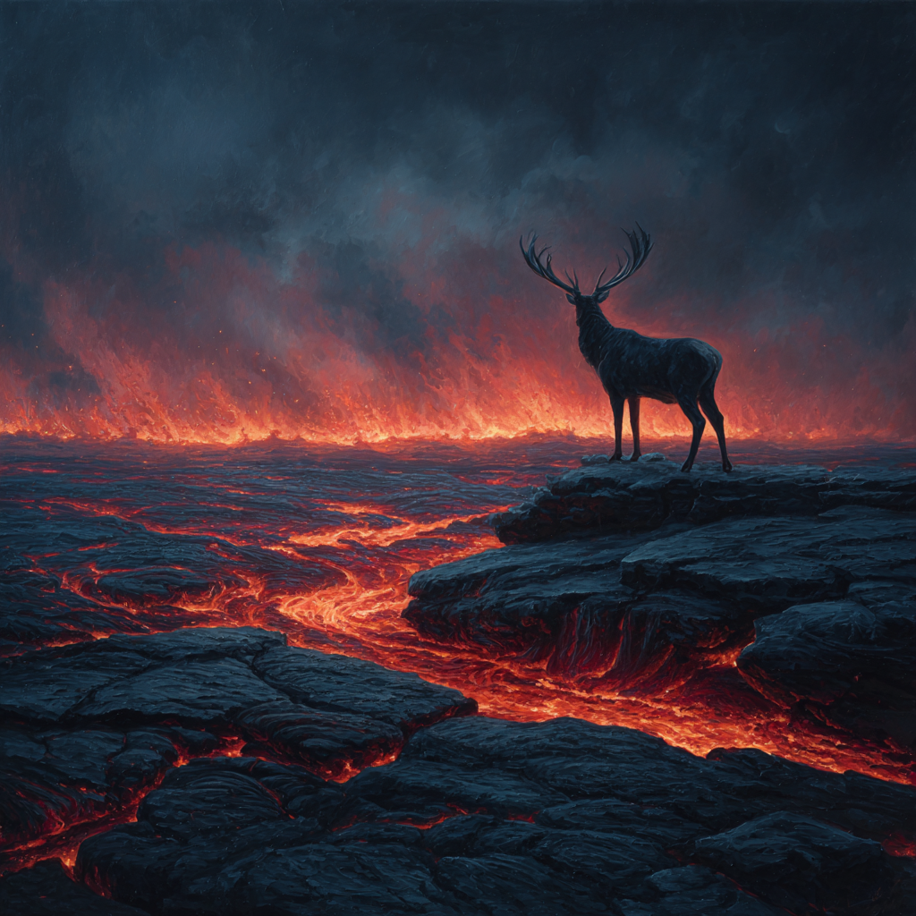 Einsamer Hirsch In Einer Surrealen Vulkanlandschaft Mit Lava Und Dunklem Himmel | Feuer und Vulkane | Natur