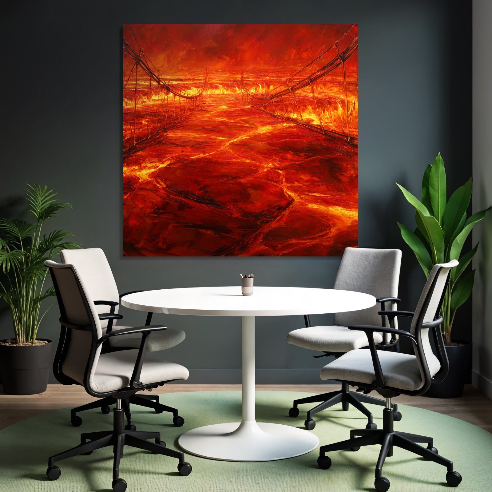 Feurige Landschaft Mit Lavastrom Und Hängeseilbrücke