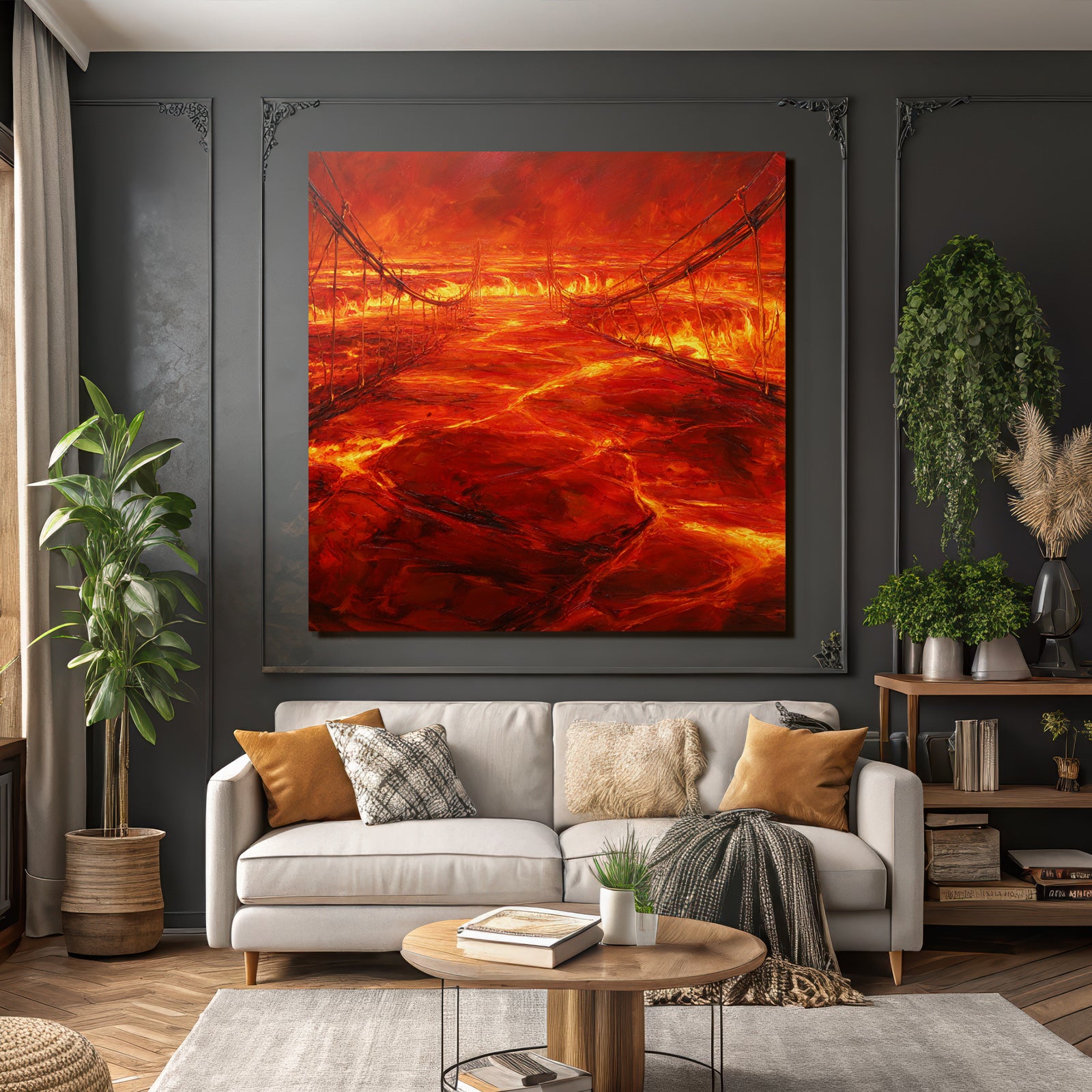 Feurige Landschaft Mit Lavastrom Und Hängeseilbrücke