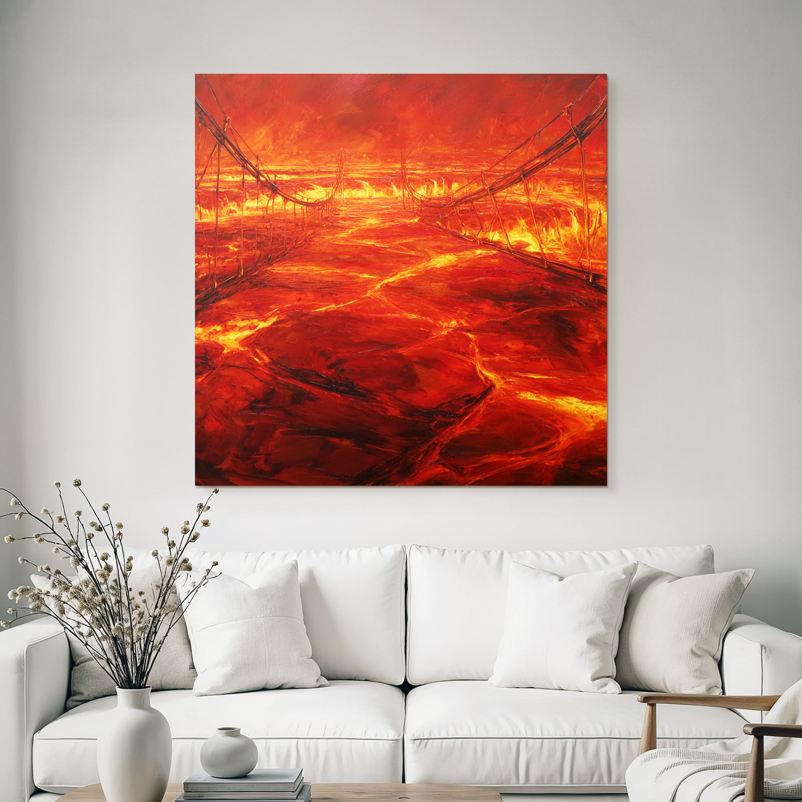Feurige Landschaft Mit Lavastrom Und Hängeseilbrücke