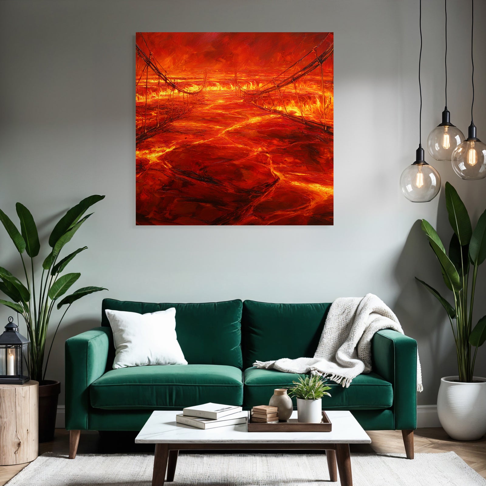 Feurige Landschaft Mit Lavastrom Und Hängeseilbrücke