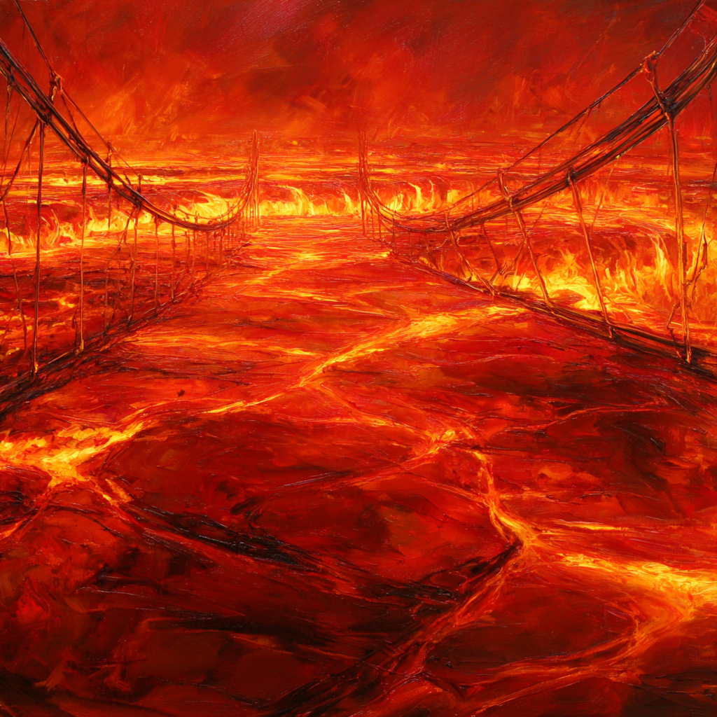 Feurige Landschaft Mit Lavastrom Und Hängeseilbrücke | Feuer und Vulkane | Natur
