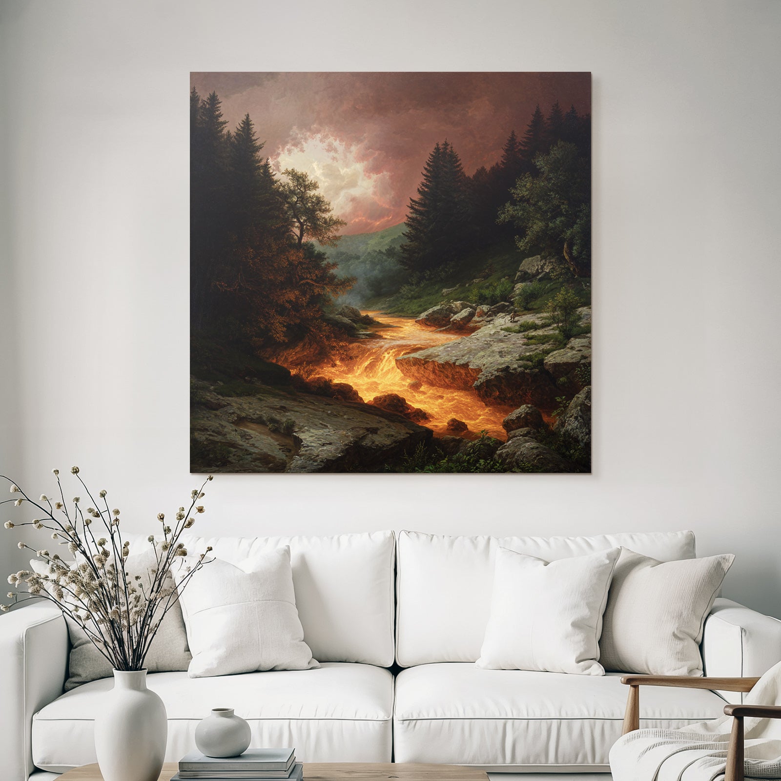 Feuriger Fluss Im Dunklen Wald