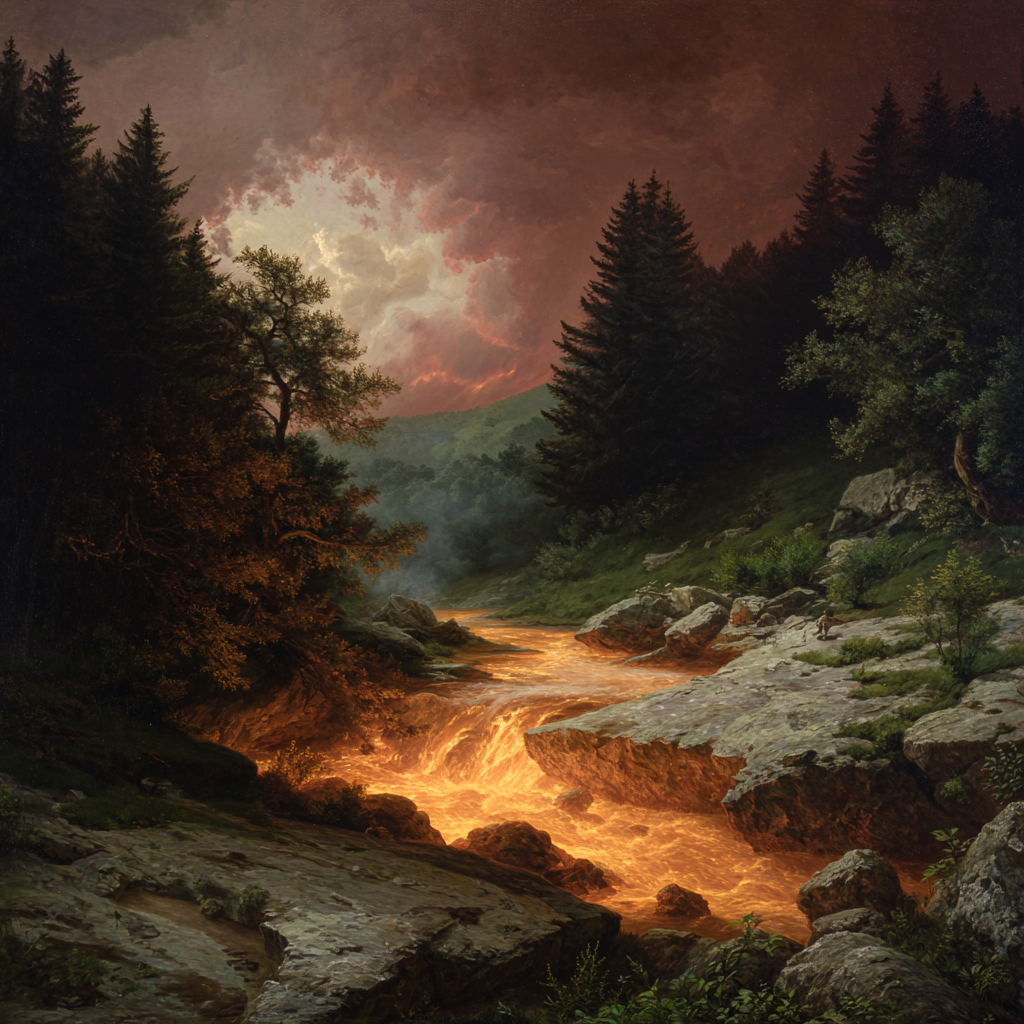 Feuriger Fluss Im Dunklen Wald | Feuer und Vulkane | Natur