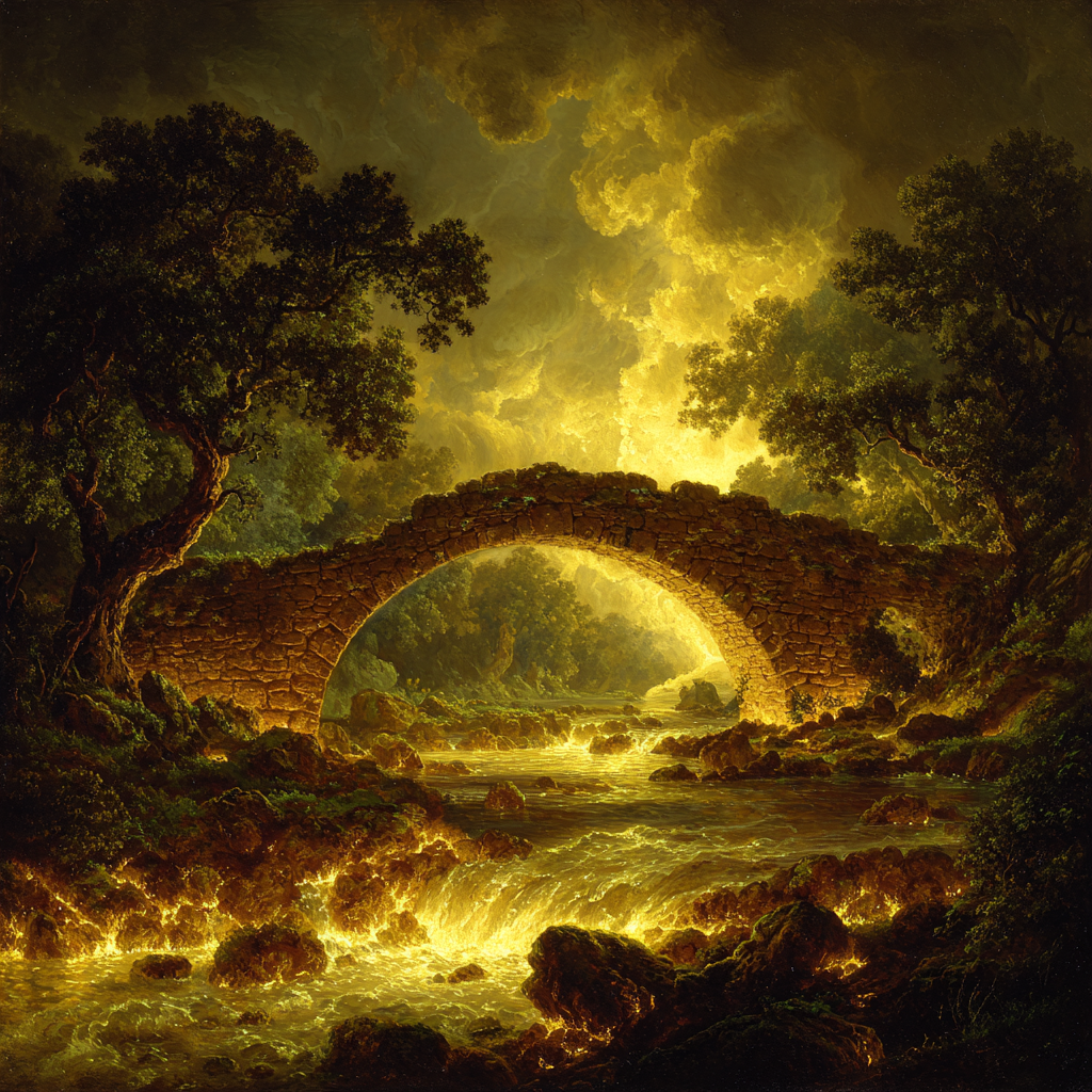 Friedliche Landschaft Mit Steinernen Brücke Und Leuchtendem Wasser | Feuer und Vulkane | Natur