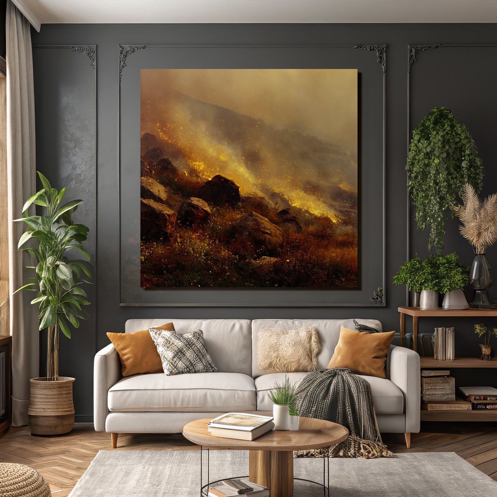 Landschaft Mit Flammen Funken Und Rauch Bei Waldbrand