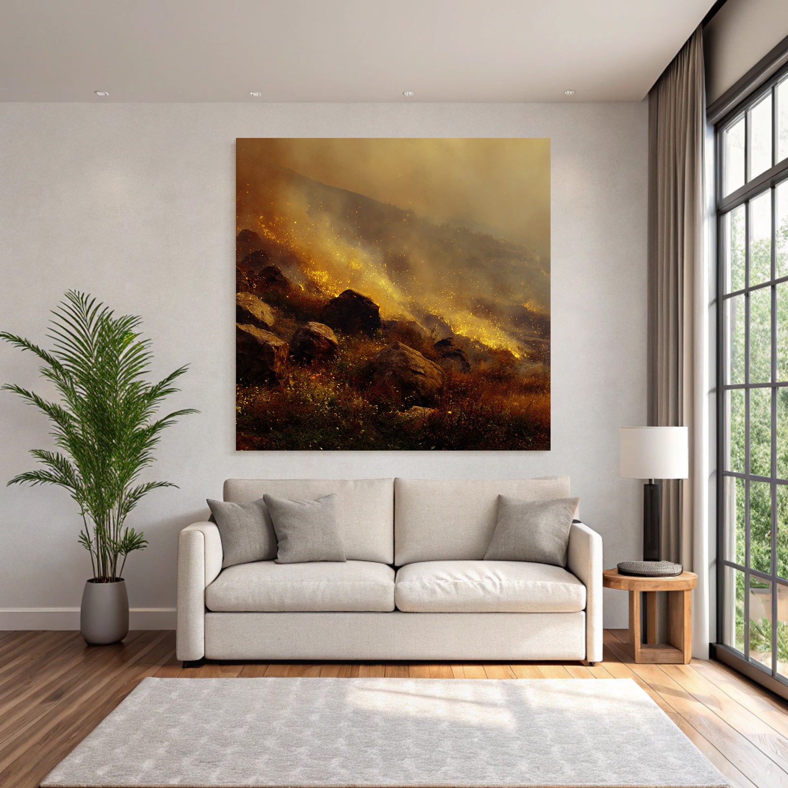 Landschaft Mit Flammen Funken Und Rauch Bei Waldbrand