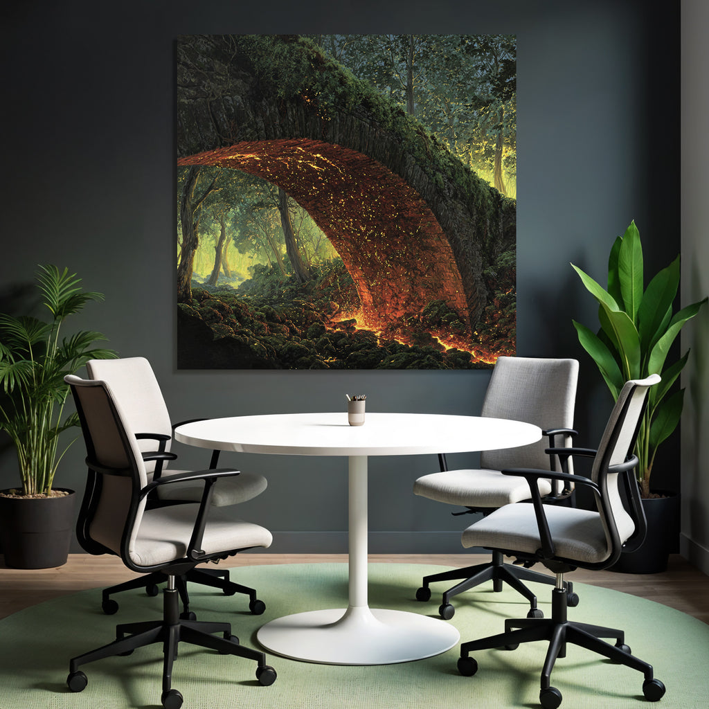 Mystical Stone Bridge Over Lava Flow In The Forest