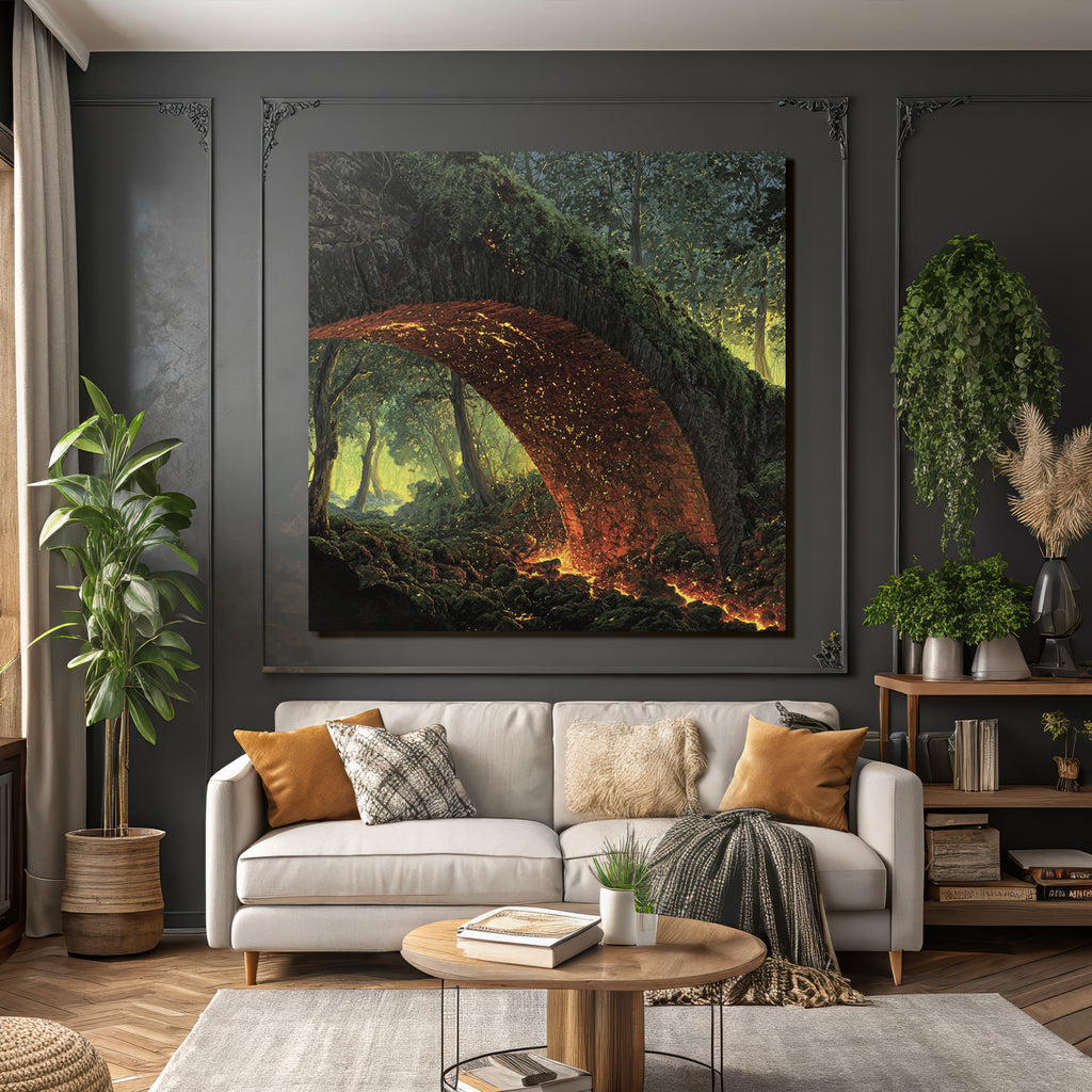 Mystical Stone Bridge Over Lava Flow In The Forest