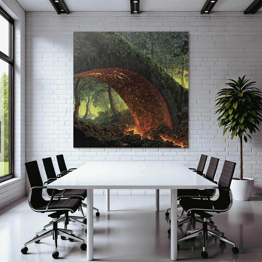 Mystical Stone Bridge Over Lava Flow In The Forest