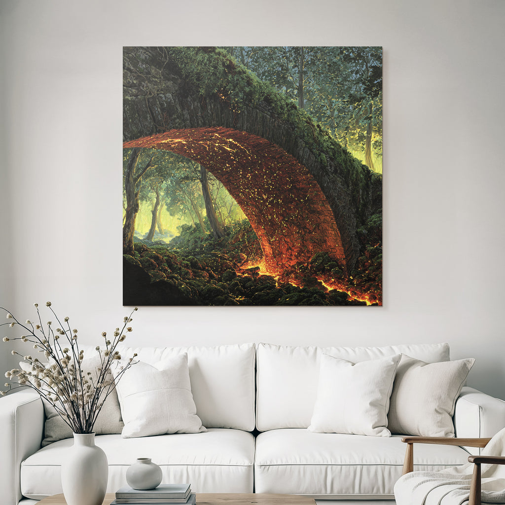 Mystical Stone Bridge Over Lava Flow In The Forest