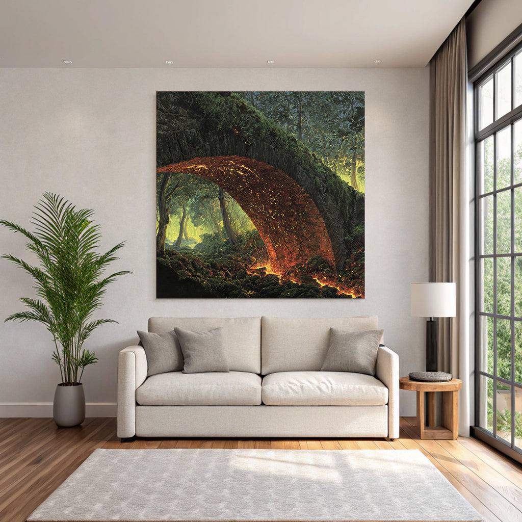 Mystical Stone Bridge Over Lava Flow In The Forest