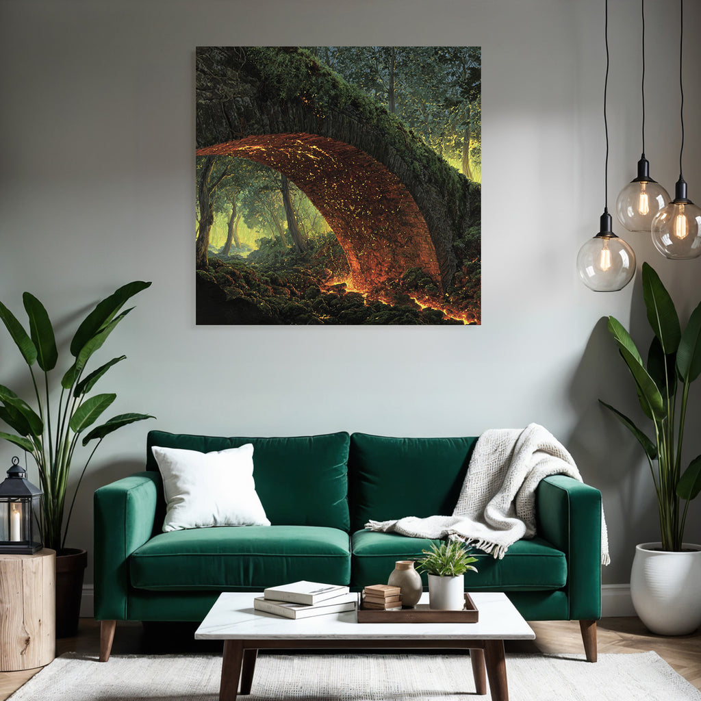 Mystical Stone Bridge Over Lava Flow In The Forest