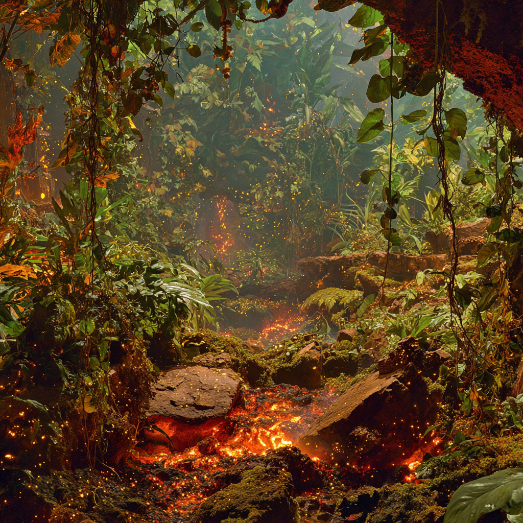 Mystischer Tropischer Dschungel Mit Leuchtenden Bodenlichtern | Feuer und Vulkane | Natur